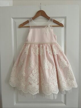 American Princess Blush Pink Lace Dress with Pearl Waistband Flower Girl Formal
